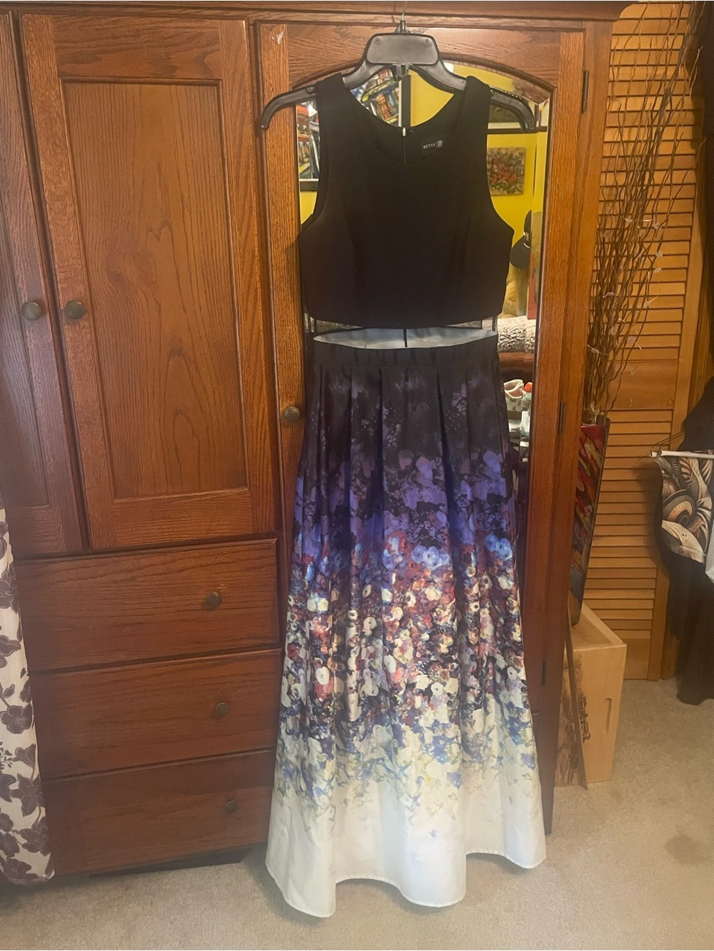 Betsy & Adam Black Crop Top Maxi Dress with Purple to White Floral Ombre Skirt